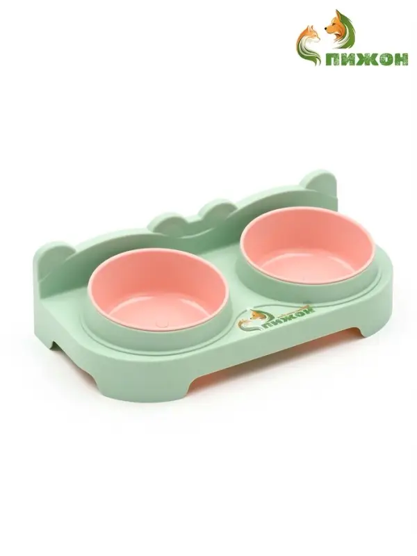 Миска двойная, 2&times;200 мл, 30&times;15.5&times;9 см, пластик, зелёная