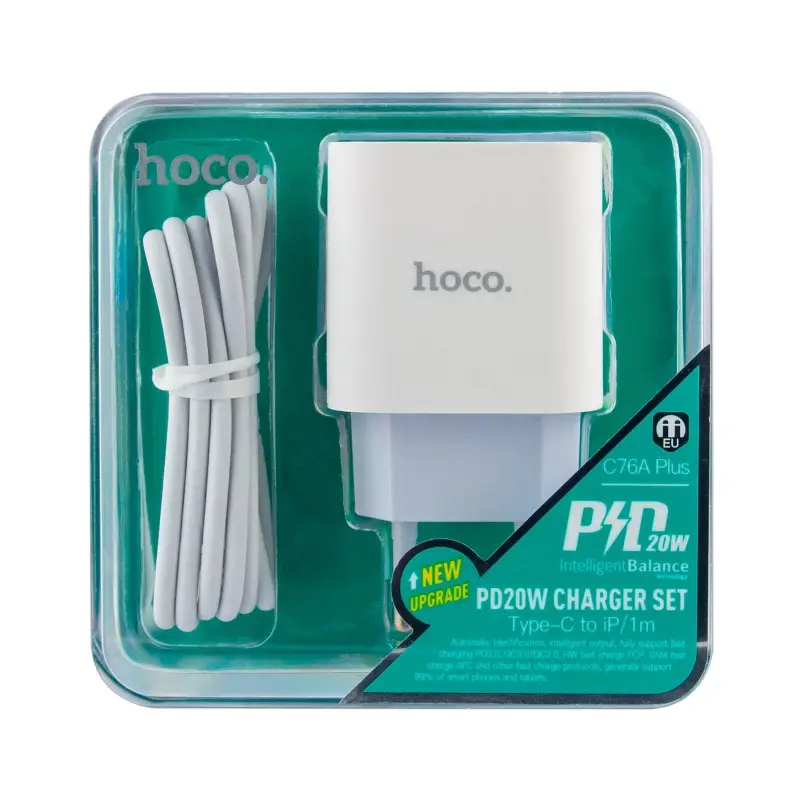 Сетевое зарядное устройство с кабелем Type-C на Lightning PD20W C76A Plus HOCO белое