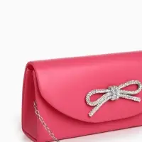Сумка-клатч женская вечерняя на магните, на длинной цепочке, с декоративным бантом, розовая
