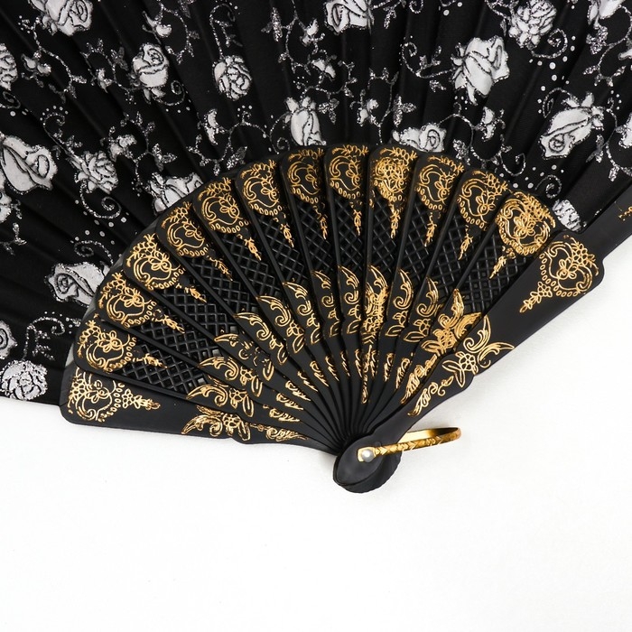 Веер пластик, текстиль  Веер пластик, текстиль "Россыпь цветов" с золотом МИКС 23 см