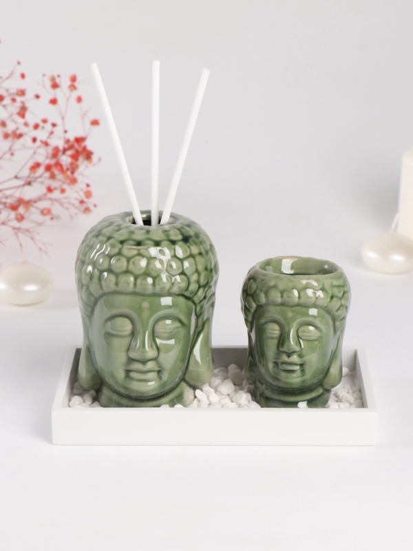 Диффузор керамика + подсвечник  Диффузор керамика + подсвечник "Будды" аромапалочки 3 шт 9х17х10,5 см