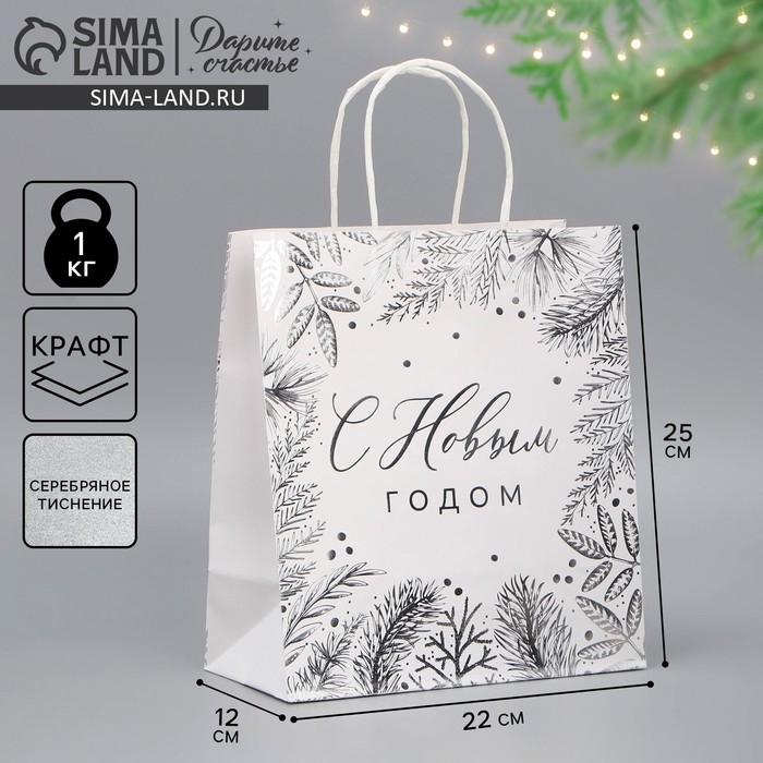 Пакет подарочный новогодний крафтовый «Серебро», 22 х 25 х 12 см, Новый год Пакет подарочный новогодний крафтовый «Серебро», 22 х 25 х 12 см, Новый год