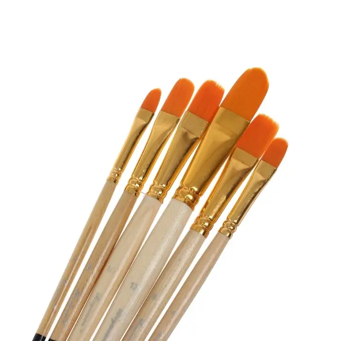 Набор кистей для рисования, синтетика, 6 штук: №2, 4, 6, 8, 10, 12 плоские, закругленные, деревянная ручка, международный размер