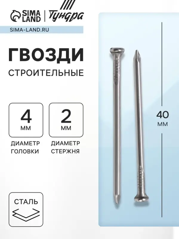 Гвозди ТУНДРА, строительные, ГОСТ 4028-63, без покрытия, 2&times;40 мм, фасовка 1 кг