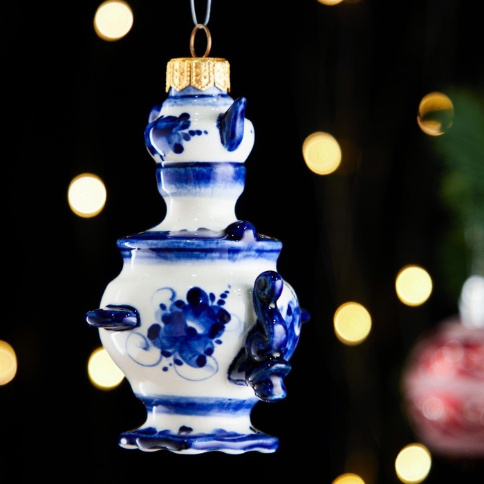 Ёлочная игрушка Ёлочная игрушка "Самовар с чайником", гжель, фарфор, h=10см