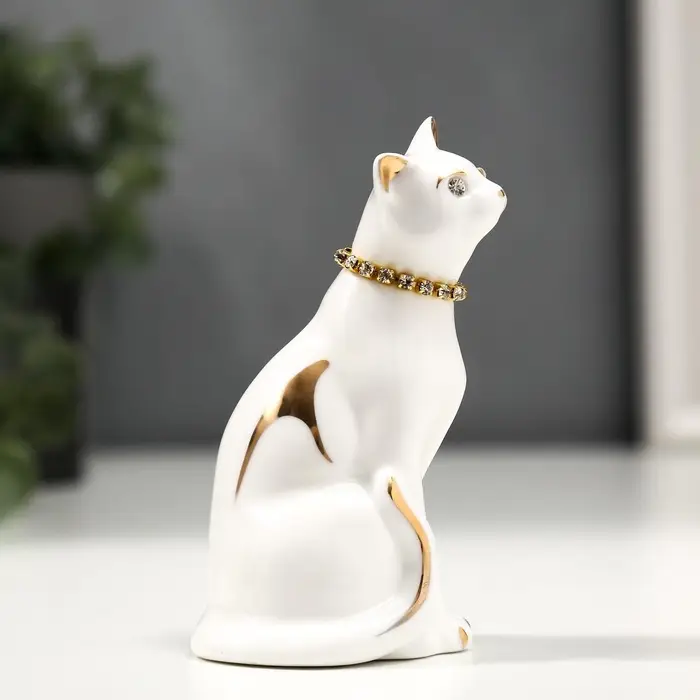 Фигурка керамика &laquo;Белая кошечка с ожерельем&raquo;, с золотом, стразы, 9.5 см