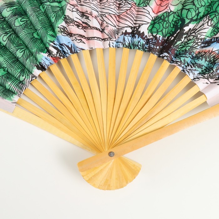 Веер бамбук, текстиль h=50 см  Веер бамбук, текстиль h=50 см "Павлины на ветке" белый