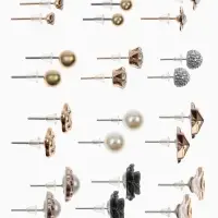 Серьги пусеты 12 пар One year, романтика, бело-серые в золоте