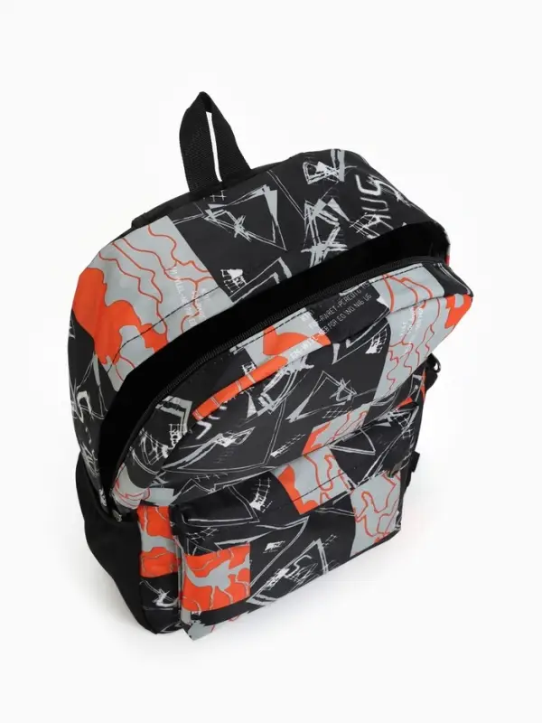 Рюкзак школьный на молнии, с карманами, с принтом, размер 30&times;13&times;42 см, чёрный/оранжевый