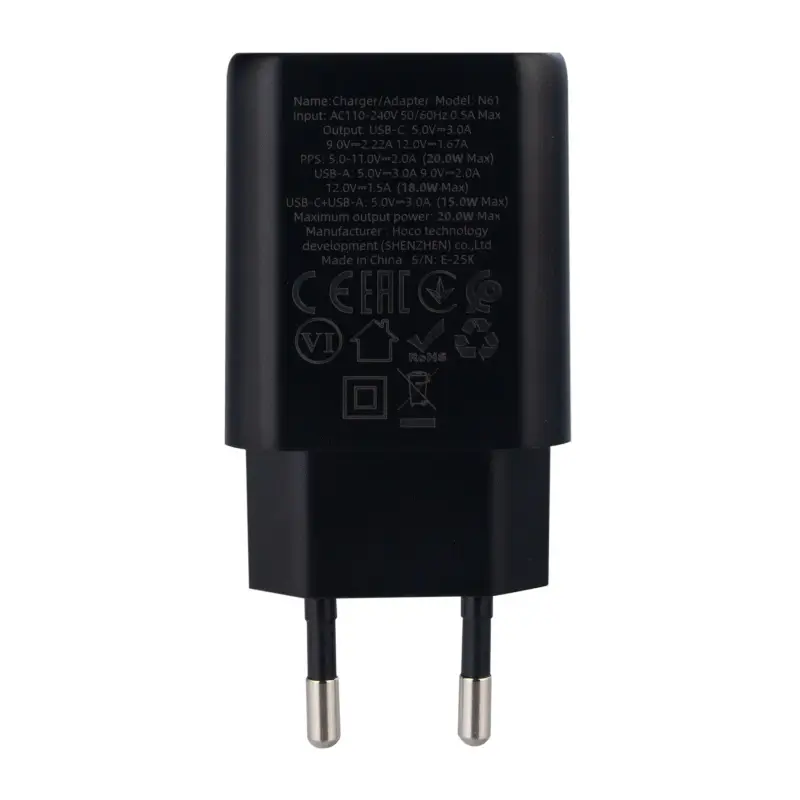 Переходник сетевого зарядного устройства на Type-C PD20W + USB QC3.0 N61 HOCO черный