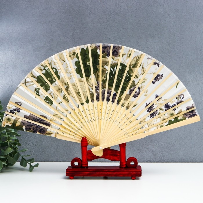 Веер бамбук, текстиль h=21 см  Веер бамбук, текстиль h=21 см "Цветы" с чехлом, бежевый