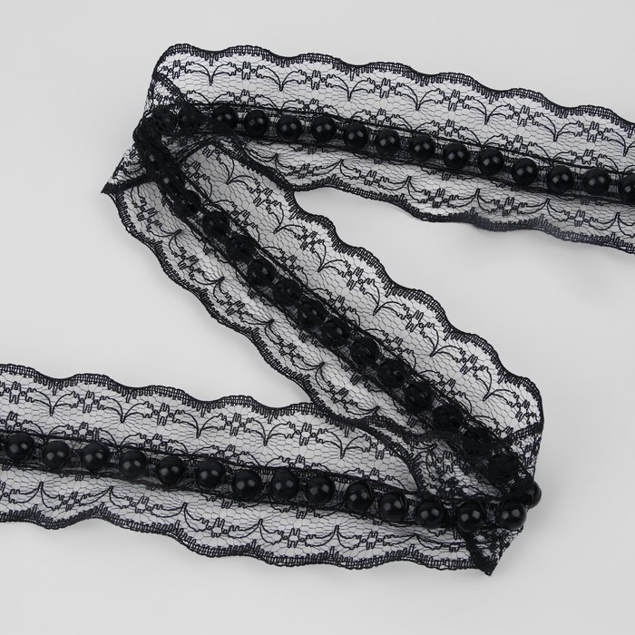 Рюш кружевной, с бусинами, 40 мм, 4,5 ± 0,5 м, цвет чёрный Рюш кружевной, с бусинами, 40 мм, 4,5 ± 0,5 м, цвет чёрный