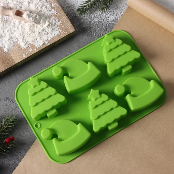 Форма для выпечки новогодняя Доляна «Новый год. Ёлка и Дед мороз», силикон, 25×17 см, 6 ячеек, цвет зелёный Форма для выпечки новогодняя Доляна «Новый год. Ёлка и Дед мороз», силикон, 25×17 см, 6 ячеек, цвет зелёный