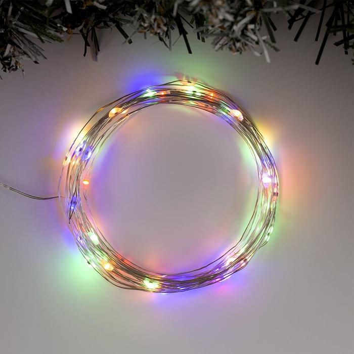 Гирлянда «Нить» 5 м роса, IP20, серебристая нить, 50 LED, 2 режима, батарейки AAх3 (нет в комплекте), свечение тёплое белое / мульти Гирлянда «Нить» 5 м роса, IP20, серебристая нить, 50 LED, 2 режима, батарейки AAх3 (нет в комплекте), свечение тёплое белое / мульти