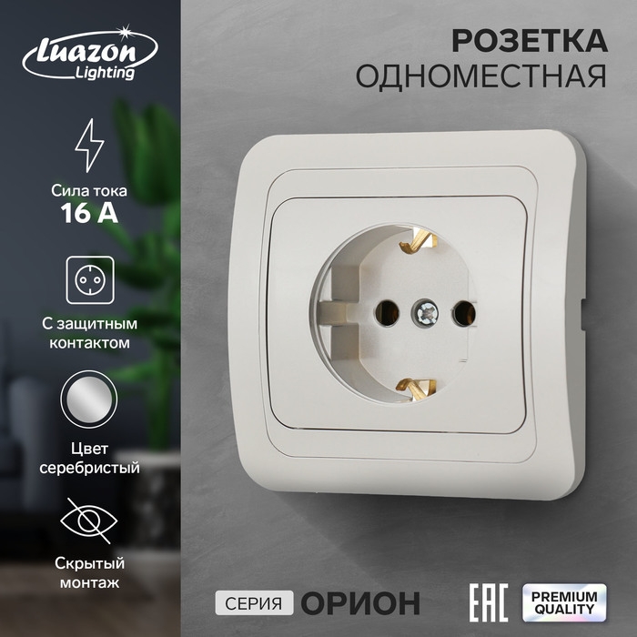 Розетка одноместная Luazon Lighting  Розетка одноместная Luazon Lighting "Орион", 16 А, скрытая, с з/к, серебристая
