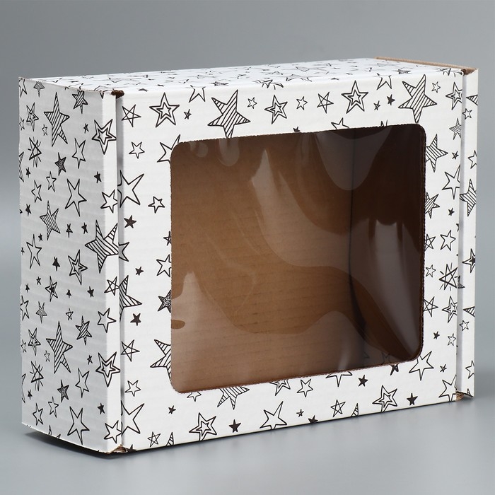 Коробка подарочная сборная с окном, упаковка, «Звезды», белый ,27х10х21 см Коробка подарочная сборная с окном, упаковка, «Звезды», белый ,27х10х21 см