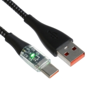 Кабель, 3 А, Type-C  - USB, прозрачный, оплётка нейлон, 1 м, чёрный