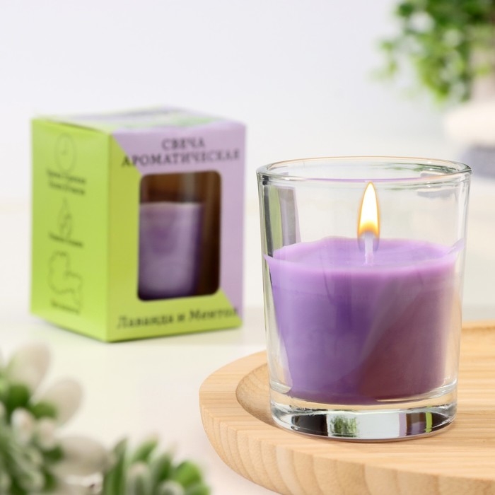 Свеча  ароматическая в стекле 5х6см, Лаванда и ментол Свеча  ароматическая в стекле 5х6см, Лаванда и ментол