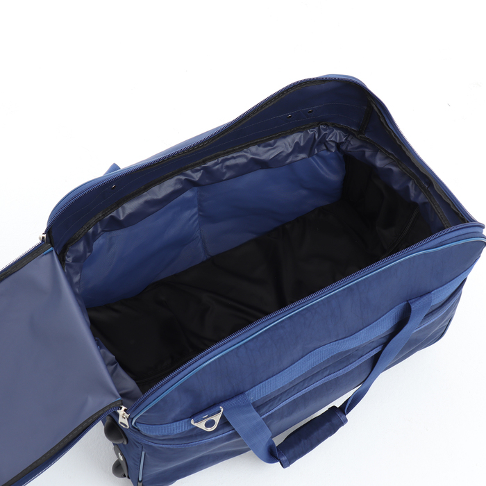 Сумка дорожная на колёсах, отдел на молнии, с увеличением, 2 наружных кармана, длинный ремень, цвет синий Сумка дорожная на колёсах, отдел на молнии, с увеличением, 2 наружных кармана, длинный ремень, цвет синий