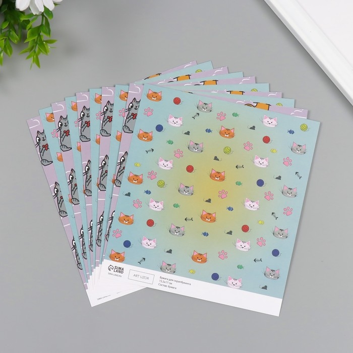 Бумага для скрапбукинга двусторонняя Бумага для скрапбукинга двусторонняя "Котики" плотность 180 гр набор 10 шт 15,5х17 см