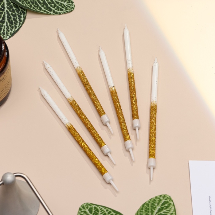 Свечи для торта Свечи для торта "Блестящее сияние", 6 шт, белые с золотым