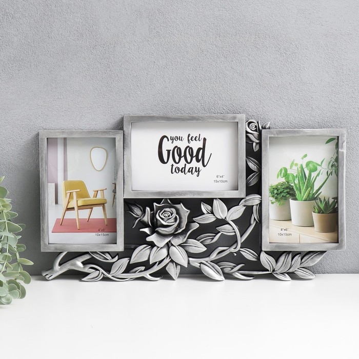 Фоторамка пластик на 3 фото 10х15 см  Фоторамка пластик на 3 фото 10х15 см "Роза в листьях" состаренное серебро 40х21,5 см