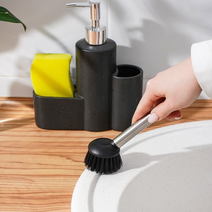 Дозатор для моющего средства с подставкой для губки и щётки «Минимал», 350 мл, цвет тёмно-коричневый Дозатор для моющего средства с подставкой для губки и щётки «Минимал», 350 мл, цвет тёмно-коричневый