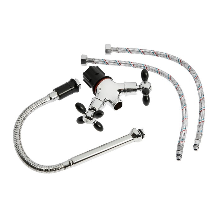 Смеситель для кухни ZEIN ZC2029, двухвентильный, гибкий излив, кран-букса латунь 1/2 Смеситель для кухни ZEIN ZC2029, двухвентильный, гибкий излив, кран-букса латунь 1/2", черный/хром