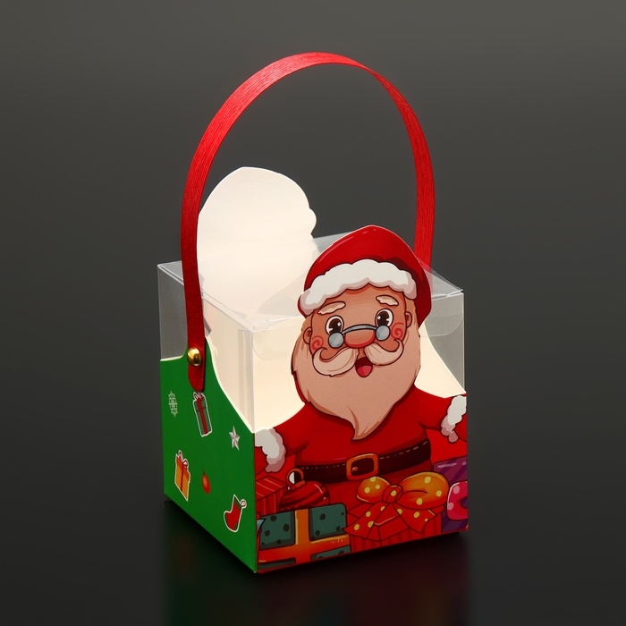 Новый год. Коробка подарочная новогодняя складная ПВХ с ручками, Новый год. Коробка подарочная новогодняя складная ПВХ с ручками, "Санта и Рудольф", 9 х 9 х 9,5 см.