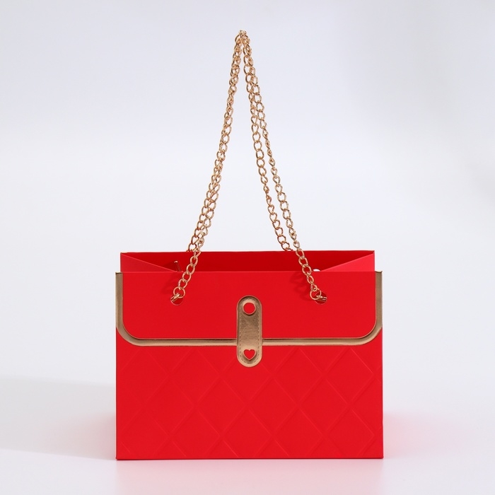 Пакет для цветов, ручка цепь,  Пакет для цветов, ручка цепь, "Красный", с золотым тиснением, 15 х 10,5 х 10 см