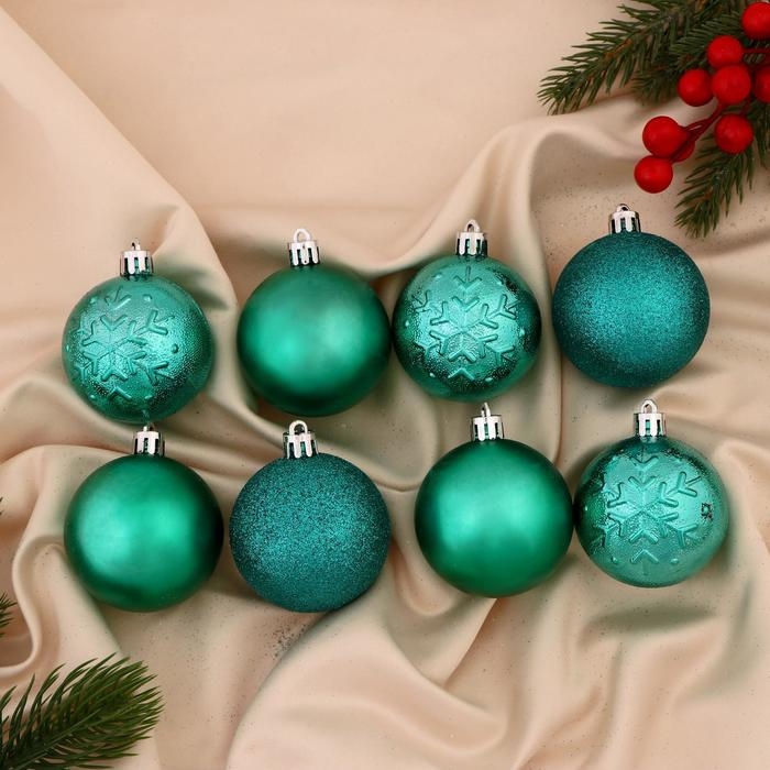 Ёлочные игрушки, шары новогодние , пластик, набор d-6 см, 8 шт Ёлочные игрушки, шары новогодние , пластик, набор d-6 см, 8 шт "Изумрудик ассорти" зелёный