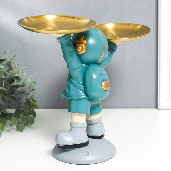 Сувенир полистоун подставка  Сувенир полистоун подставка "Космонавт в бирюзовом с двумя блюдами" 14х26,5х32 см