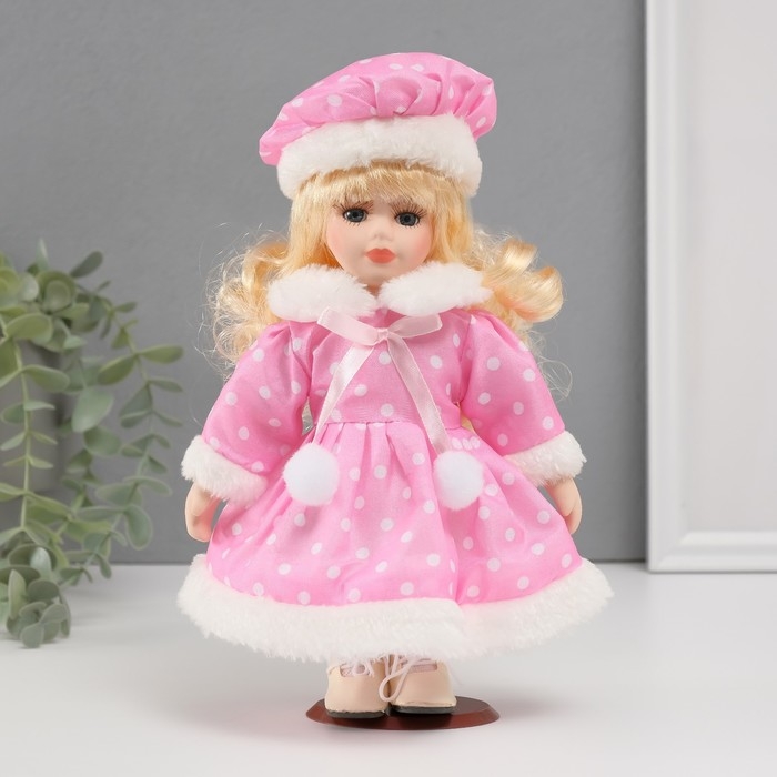 Кукла коллекционная керамика Кукла коллекционная керамика "Малышка Лиза в розовом платье в горох, с мехом" 21 см