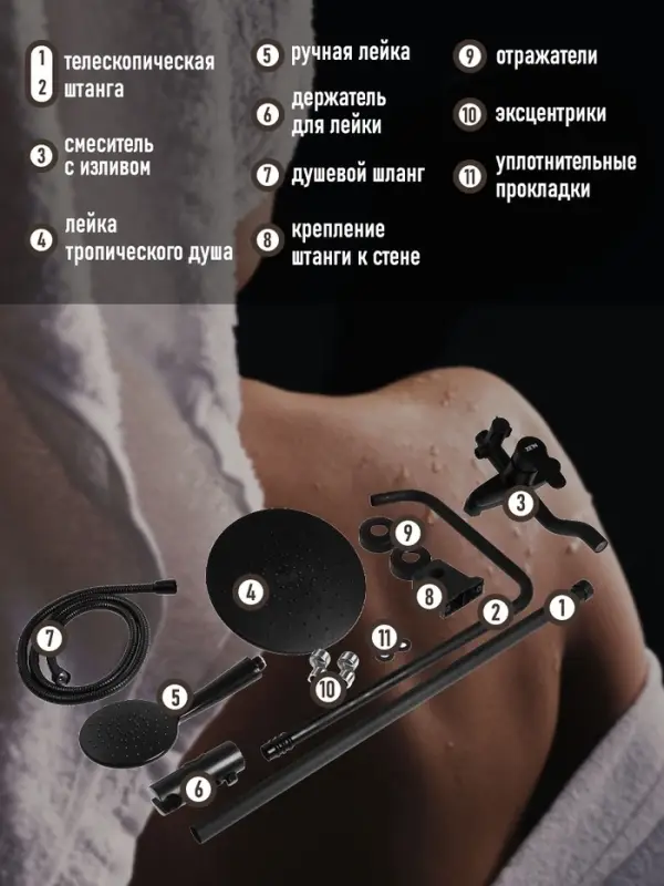 Душевая система ZEIN Z1015, тропическая и ручная лейка, шланг 150 см, черная