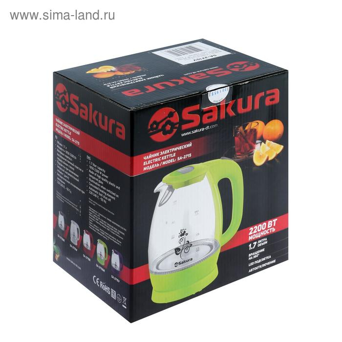 Чайник электрический Sakura SA-2715V, стекло, 1.7 л, 2200 Вт, пурпурный Чайник электрический Sakura SA-2715V, стекло, 1.7 л, 2200 Вт, пурпурный