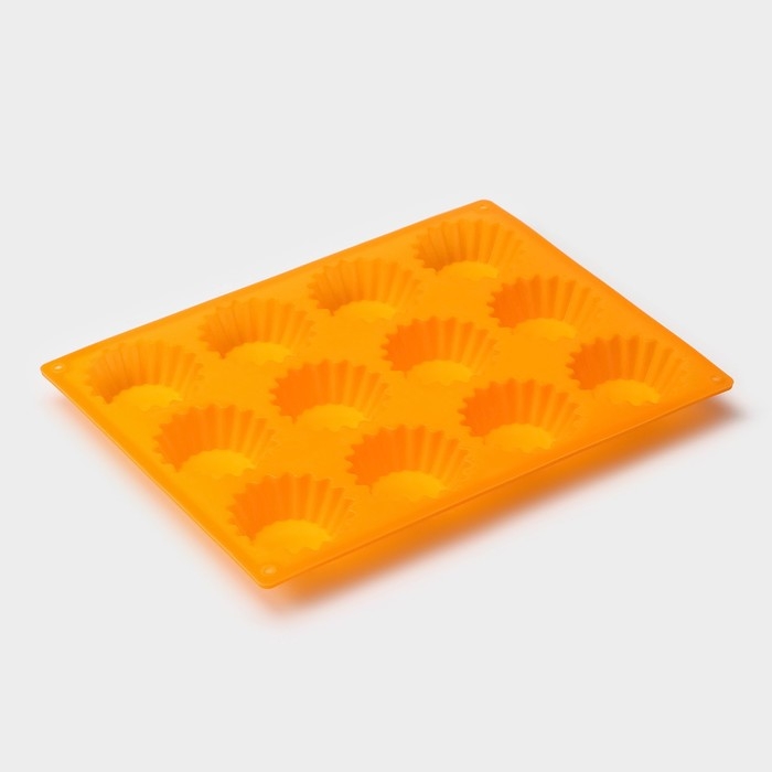 Форма для выпечки Доляна «Сладости. Круг реб», силикон, 28×21 см, 12 ячеек, d=6 см, d по дну = 4 см, цвет оранжевый Форма для выпечки Доляна «Сладости. Круг реб», силикон, 28×21 см, 12 ячеек, d=6 см, d по дну = 4 см, цвет оранжевый