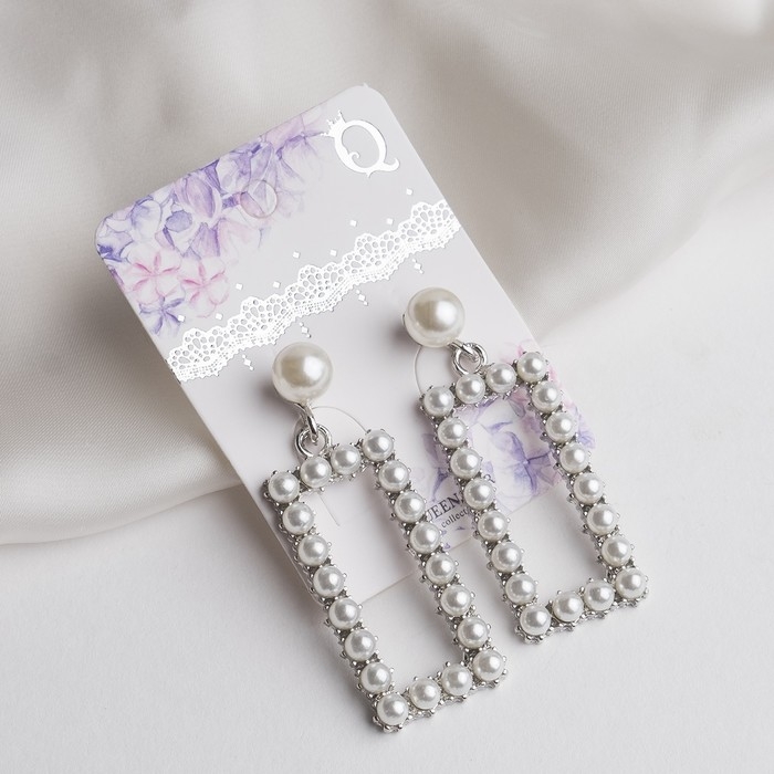 Серьги с жемчугом «Нежность» полый прямоугольник, цвет белый в серебре Серьги с жемчугом «Нежность» полый прямоугольник, цвет белый в серебре