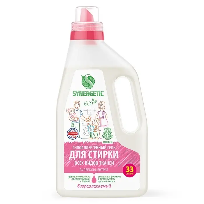 Жидкое средство для стирки Synergetic, гель, универсальное, гипоаллергенное, 1 л
