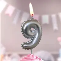 Свеча в торт на шпажке "Воздушая цифра", цифра "9", серебро