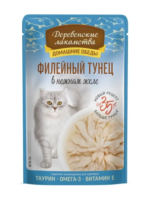 Деревенские лакомства" конс. д/кошек &laquo;Филейный тунец в нежном желе&raquo;, пауч 70г