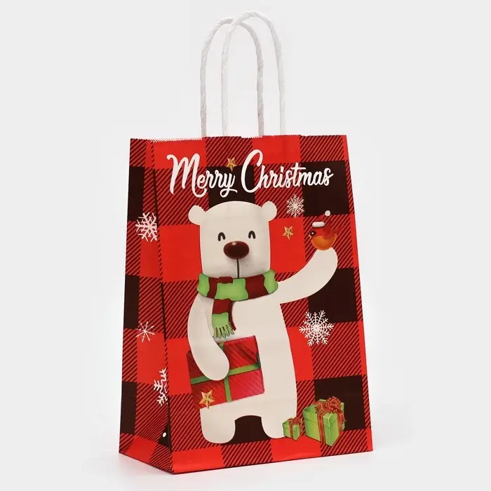 Пакет бумажный подарочный новогодний крафт «Белый Медведь» 15×21×8 см Пакет бумажный подарочный новогодний крафт «Белый Медведь» 15×21×8 см