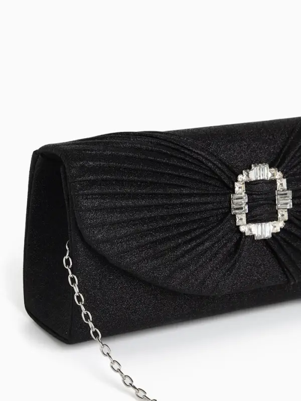 Сумка-клатч женская вечерняя на магните, на длинной цепочке, с декоративной пряжкой, блестящая, чёрная