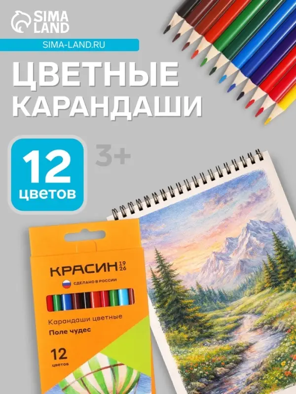 Карандаши цветные &laquo;Красин. Поле чудес&raquo;, трёхгранные, заточенные, европодвес, 12 шт.