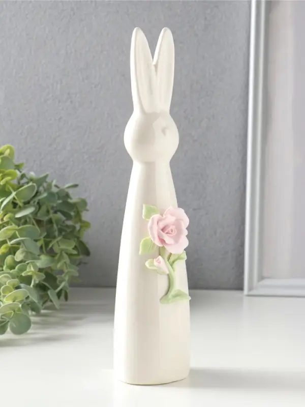 Сувенир керамика "Белый зайчик с розовой розой" 6х5х25,5 см