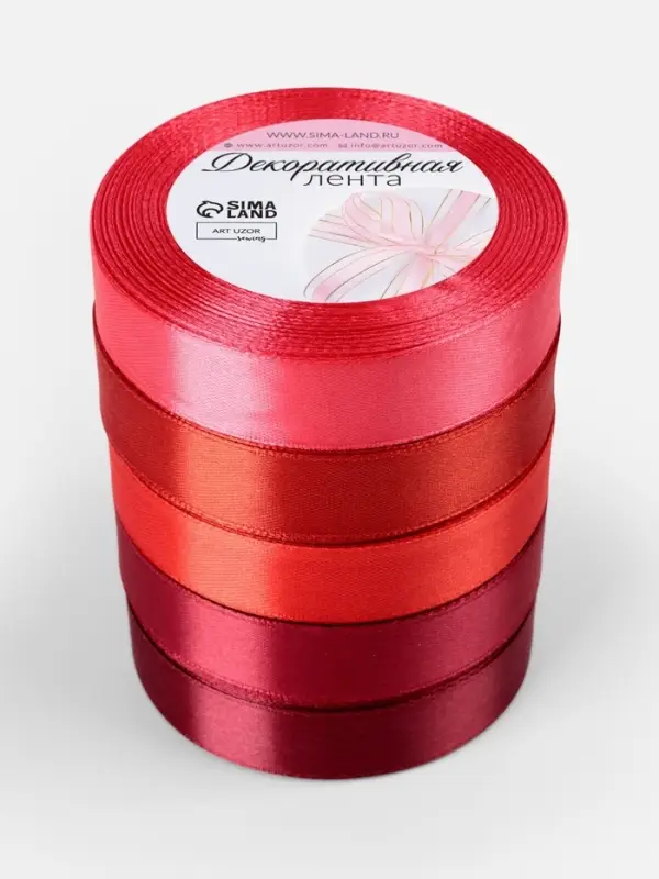 Атласная лента, набор 5 шт., 20 мм, 23&plusmn;1 м, красная, бордовая