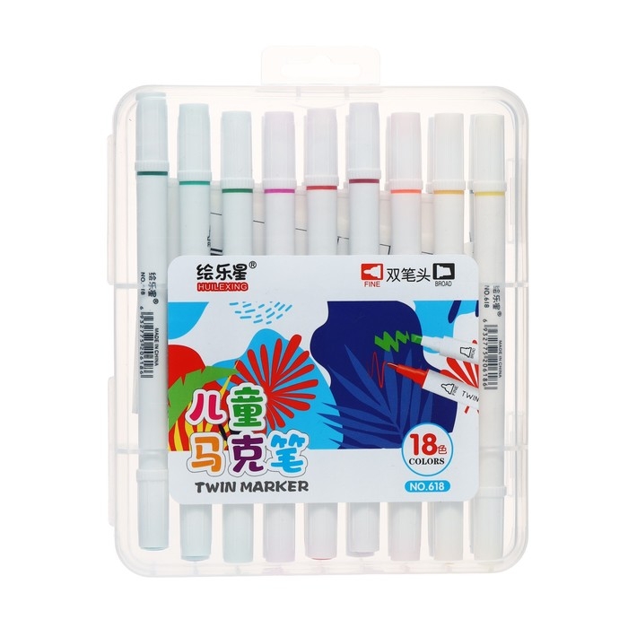 Набор маркеров, двусторонние, пулевидный и скошенный наконечники, 18 цветов Набор маркеров, двусторонние, пулевидный и скошенный наконечники, 18 цветов