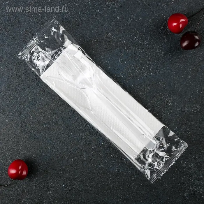 Набор пластиковых одноразовых приборов «Премиум», 4 в 1, вилка, ложка, нож, салфетка белая, прозрачный Набор пластиковых одноразовых приборов «Премиум», 4 в 1, вилка, ложка, нож, салфетка белая, прозрачный