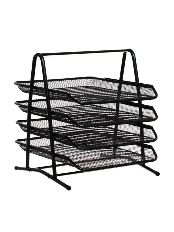 Лоток для бумаг А4, горизонтальный, металлическая сетка, 4 отделения, чёрный