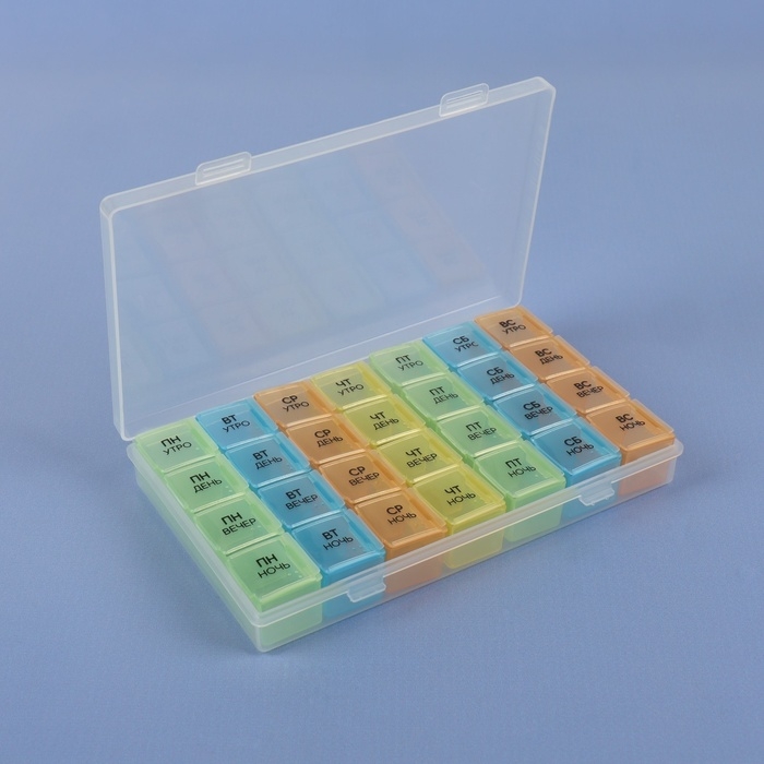 Таблетница - органайзер «Неделька», съёмные ячейки, утро/день/вечер/ночь, 17,5 × 10,7 × 2,5 см, 7 контейнеров по 4 секции, разноцветная Таблетница - органайзер «Неделька», съёмные ячейки, утро/день/вечер/ночь, 17,5 × 10,7 × 2,5 см, 7 контейнеров по 4 секции, разноцветная