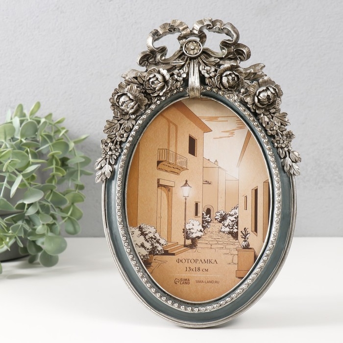 Фоторамка полистоун 13х18 см Фоторамка полистоун 13х18 см "Бант и цветочный венок" тёмно-серый серебро 16,8х1,7х25,5 см
